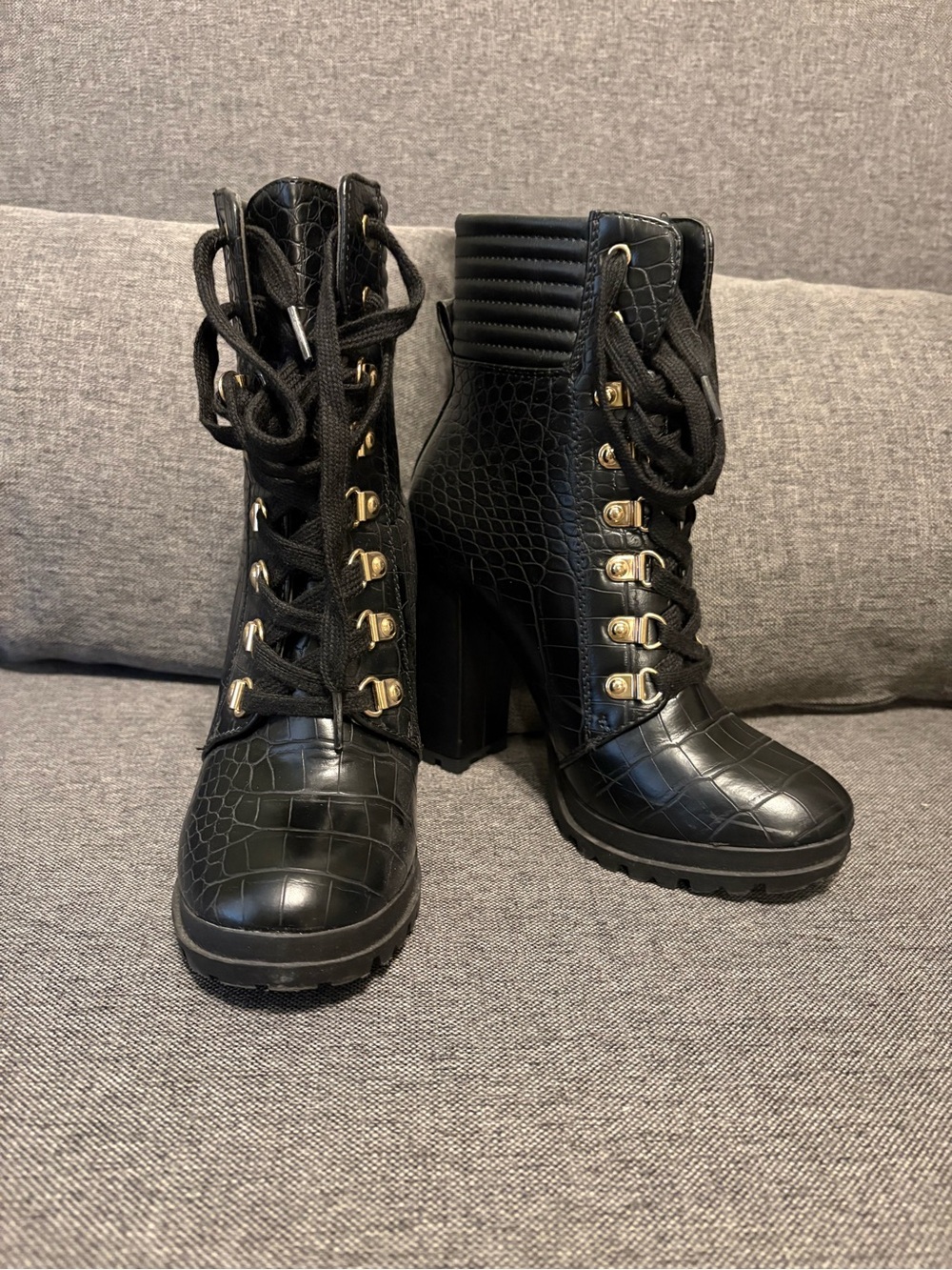 Shoe Dazzle Black Croc-Embossed Lace-Up Block Heel Boots